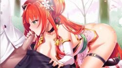 1girl animated apple_candy_(sugar_conflict) ass blowjob bottomless bouncing_breasts breasts clothed game_cg gif hair_ornament hanging_breasts japanese_clothes kimono large_breasts long_hair low_twintails nipples open_clothes open_kimono penis red_hair sugar_conflict_x tied_hair twintails uncensored