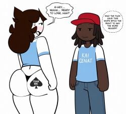 1boy 1girl artist_self-insert ass ass_focus baseball_cap black_hair blackmailfuckst blue_shirt blush brown_hair clothing colored_skin cropped_shirt dark-skinned_male dark_skin denim dreadlocks english_language english_text facial_hair female from_behind hat huge_ass interracial jaiden jaiden_(jaiden_animations) jaiden_animations jaidenanimations jeans jitome kai_cenat long_hair panties pants profanity qos qos_tattoo queen_of_spades red_headwear sexually_suggestive sexy sexy_pose shirt short_sleeves simple_background spanish_text speech_bubble standing steca stubble sweatdrop t-shirt tattoo text thelazyart thick thick_legs thick_thighs thighs thong underwear very_dark_skin white_background white_skin youtube youtuber youtuber_character youtuber_girl youtubers