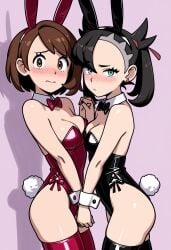 2girls ai_generated black_hair blushing bowtie brown_eyes brown_hair bunny_ears bunnysuit civitai cleavage embarrassed gloria_(pokemon) green_eyes holding_hands looking_at_viewer marnie_(pokemon) nintendo pokemon pokemon_ss shoulder_length_hair shy simple_background stable_diffusion