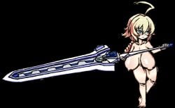 1girls ahoge areolae blazblue blonde_hair blue_eyes braided_hair es_(xblaze) female female_only full_body holding_weapon huge_breasts huge_sword idle_animation light-skinned_female light_skin nipples nude nude_female sagging_breasts shortstack solo sprite sword tagme tied_hair video weapon