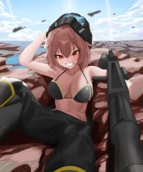 1girls big_breasts black_bra black_helmet black_pants bra breasts brown-haired_female brown_hair female female_only grin gun helldivers_(series) helldivers_2 helmet helmet_removed hi_res hololive hololive_japan inugami_korone light-skinned_female light_skin medium-haired_female medium_hair navel no_shirt orange-eyed_female orange_eyes pants sitting sitting_on_ground solo teeth teeth_showing yureikaigan