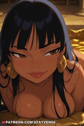 1girl ai ai_art ai_generated black_hair blunt_bangs blush breast_press breasts brown_eyes cleavage closed_mouth completely_nude dark-skinned_female dark_skin earrings indoors jewelry large_breasts lips long_hair looking_at_viewer looking_to_the_side medium_breasts mole mole_under_eye nude smile solo sweat the_road_to_el_dorado wet