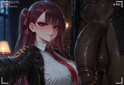 1boy 1girl ai_generated bangs black_jacket blazer blurry_background blush breasts closed_mouth clothing collared_shirt covered_testicles dark-skinned_female dark-skinned_male dark_skin dress_shirt erection eyeliner eyeshadow female flaccid futanari girls'_frontline hair_ornament hair_ribbon half_updo hetero huge_penis huge_testicles indoors interracial jacket lamp large_breasts large_penis long_hair long_sleeves looking_at_viewer makeup male navel necktie office_lady one_side_up open_clothes open_jacket outstretched_arm penis pubic_hair purple_hair recording red_eyes red_eyeshadow red_necktie red_ribbon ribbon shirt smile testicles vantawaifu veins veiny_penis very_dark_skin wa2000_(girls'_frontline) walther white_shirt window