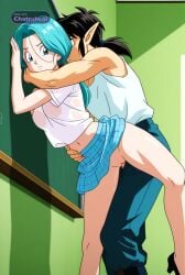 1girl against_wall ai_assisted ai_generated anime_coloring anime_screencap chalkboard checkered_skirt doggy_style doggy_style_sex dripping_pussy facing_forward forced from_behind future_bulma hand_on_back hand_on_neck head_turned looking_away looking_away_from_viewer looking_forward mature_female midriff navel no_panties petite_girl plaid_skirt ponytail pressed_against_wall ribbon_in_hair sex_from_behind short_sleeves standing_sex straight sunlight turned viewed_from_below white_stockings white_tank_top window