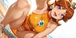 ai_generated armpits ass bare_legs barefoot beach beach_clothes bent_knees bent_legs bent_over blue_eyes brown_hair dress energetic flipped_hair flower_earrings groin knees leg_focus legs mario_(series) nintendo ocean orange_panties orange_stripes panties princess princess_daisy sassy sea smile striped_panties tomboy white_panties white_stripes yellow_dress young young_female