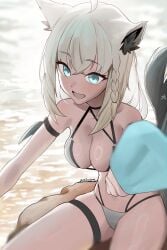 1girls animal_ears bikini blue-eyed_female blue_eyes female female_only grey-haired_female grey_hair hi_res hololive hololive_japan light-skinned_female light_skin long-haired_female long_hair medium_breasts shirakami_fubuki solo swimsuit tail thigh_strap vtuber white-haired_female white_hair yureikaigan