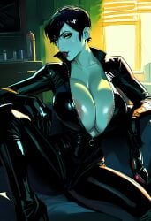 1girls ai_generated areola_slip batman_(series) black_bodysuit black_hair catwoman cleavage dc_comics green_eyes huge_breasts legs_apart looking_at_viewer narrow_waist selina_kyle short_hair sitting suggestive_look unworn_headwear