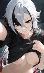 ai_generated arlecchino_(genshin_impact) breasts challenge confident confident_smile confidently_naked from_above from_above_view genshin_impact impacter lifting_own_clothes lifting_own_shirt lifting_shirt lifting_shirt_up naked naked_female pov_selfie selfie selfie_pose taking_selfie