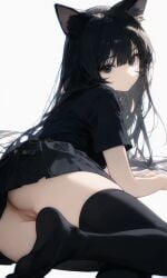 1girl ai_generated animal_ear_fluff animal_ears ass bangs black_eyes black_hair black_shirt black_skirt black_thighhighs cat_ears closed_mouth feet from_behind hair_between_eyes long_hair looking_at_viewer looking_back lying miniskirt no_panties no_shoes on_side pleated_skirt pussy shirt short_sleeves simple_background skirt soles solo thighhighs thighs white_background