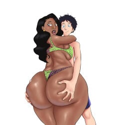 1boy 1girls ass ass_grab benjicomix big_penis black_hair bra dark-skinned_female dark_skin fat_ass female huge_ass male nose_ring original original_character panties