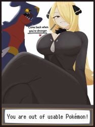 1girls big_breasts blonde_hair blush breasts cleavage crossed_legs cynthia_(pokemon) english_text garchomp gen_4_pokemon hair_ornament hair_over_one_eye large_breasts long_hair long_sleeves looking_at_viewer manman pokemon pokemon_dppt sitting smile teeth