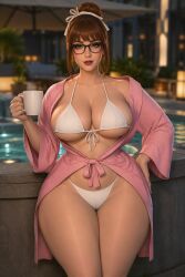 ai_generated bangs bikini blurry_background brown_hair brunette_hair chatgpt cleavage coffee coffee_mug eyelashes eyeshadow female female_only front-tie_bikini_top front-tie_clothing glasses grey_eyes hair_bun hair_ribbon hair_strand hair_tie hourglass_figure jacuzzi large_breasts lipstick looking_at_viewer mature_female micro_bikini milf morning_after nipple_outline open_robe photorealistic potted_plant realistic rgomez007 robe seductive_look self_upload sideboob slight_smile solo_female swimsuit thick_eyelashes thick_lips thick_thighs thighs tied_hair underboob updo voluptuous warm_lighting wide_hips