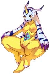 1girl big_breasts digimon digimon_(species) gabumon krells monster_girl pussy solo solo_female spread_legs tail thick_thighs