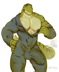 1boy 2017 anthro biceps big_penis blue_eyes bulge clothed clothing darkgem erection front_view hand_on_hip huge_cock lizard looking_at_viewer male male_only mechanic muscular muscular_male nipples open_clothes open_shirt partially_clothed pecs penis pose presenting reptile scalie shirt simple_background solo standing teeth thick_penis uniform white_background