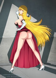 against_wall artist_name ass bakemonogatari blonde_hair clothing dress elbow_gloves female from_behind full-length_portrait full_length high_heels isaii kiss-shot_acerola-orion_heart-under-blade lips long_hair looking_at_viewer looking_back monogatari_(series) oshino_shinobu panties pointy_ears portrait presenting skirt_lift solo standing vampire web_address yellow_eyes