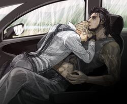 2boys abs car final_fantasy final_fantasy_xv gladiolus_amicitia ignis_scientia male_only motor_vehicle multiple_boys muscle rain scar shirt_lift sitting straddling tattoo undressing vehicle water wet yaoi