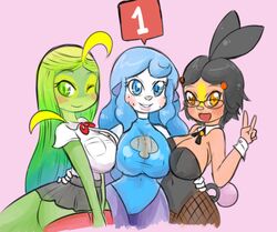 3girls anthro anthrofied big_breasts black_hair blue_eyes blue_hair blush breasts bunny_suit celeste cleavage clothed female_focus female_only freckles furry glasses green_eyes green_hair green_skin long_hair looking_at_viewer multiple_girls nintendo open_mouth orange_eyes original_character oshawott pokemon pokemon_(species) pokemon_bw school_uniform schoolgirl shirt skirt smile snivy tail tepig v wink