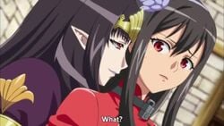 2girls animated annelotte asian black_hair breast_grab demon_annelotte from_behind large_breasts long_hair nipples_visible_through_clothing queen's_blade queen's_blade_rebellion sound tarnyang_(queen's_blade) video yuri