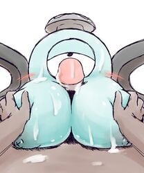 big_breasts blush breasts cum cum_on_breasts cum_on_face edit female interspecies kaceuth magnemite metal nintendo one-eyed paizuri penis pokemon pokephilia sex uncensored what