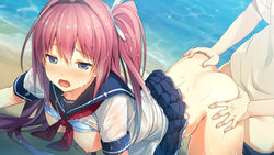 1boy 1girls akinashi_yuu ao_no_kanata_no_four_rhythm ao_no_kanata_no_four_rhythm_-es- areolae ass ass_grab beach blue_eyes blue_skirt blush bra bra_lift breasts butt_crack clothed_sex female game_cg highres kurashina_asuka large_breasts legs long_hair male nipples no_panties ocean open_mouth outdoors red_hair sand school_uniform shirt_lift side_ponytail skirt skirt_lift solo_focus suzumori thighs top-down_bottom-up water wet wet_clothes