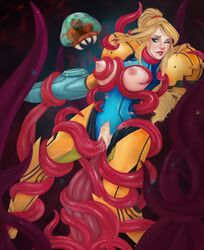 1girls alien armor baby_(metroid) big_breasts bodysuit breast_grab breast_squish breasts erect_nipples female green_eyes hair_pull hand_on_breast human long_hair mammal metroid metroid_(creature) natty.spb nintendo nipples one_eye_closed penetration power_suit pulling_hair pussy pussy_juice samus_aran tentacle tight_clothing torn_clothing varia_suit zero_suit