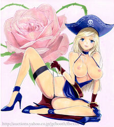 1girls blonde_hair blush bonne_jenet breasts dress erect_nipples fatal_fury garou:_mark_of_the_wolves high_heels king_of_fighters large_breasts nipples open_legs pirate rose snk solo topless