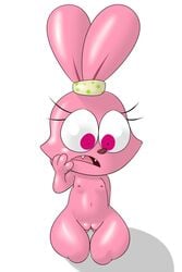 anthro breasts chowder fangs feline female fur hybrid lagomorph long_ears mammal mutee nipples nude open_mouth panini pink_eyes pink_fur pussy rabbit simple_background solo teeth white_background young