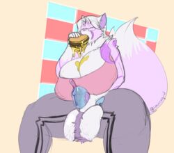 1futa anthro balls big_breasts bodily_fluids breasts burger clothing digital_media_(artwork) domestic_cat eating erection felid feline felis food futanari genital_fluids gynomorph hair huge_breasts intersex jroy101 mammal penis precum roi solo solo_futa