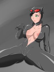 1girls analcapral animal_ears batman_(series) belly black_hair bodysuit breasts cameltoe cap cat_ears catwoman cleavage covered_breasts covered_nipples dc dc_comics erect_nipples female female_only goggles green_eyes hat high_resolution hips large_breasts legs lips navel nekomimi nipple_bulge nipples selina_kyle short_hair simple_background solo spread_legs tagme thighs unzipped zipper_pull_tab