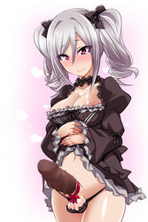 black_ribbon blush chocolate_on_penis drill_hair erection female futa_only futanari gothic_lolita idolmaster idolmaster_cinderella_girls intersex kanzaki_ranko kobayashi_tetsuya lolita_fashion long_hair penis red_eyes ribbon silver_hair testicles twin_drills