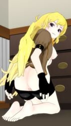 1girls 3d 3d_(artwork) anus ass barefoot blonde_hair breasts drawer feet female fingerless_gloves gloves long_hair looking_at_viewer lvl3toaster nipples open_jacket purple_eyes pussy rwby scarf short_shorts short_sleeves sideboob soles toes yang_xiao_long