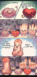 :| angry animate_inanimate anthro brain comic dialogue english_text erection group heart humor kawacy naughty_face open_mouth penis smile teeth text what yelling