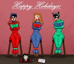 3girls barbara_gordon batgirl batman:_the_animated_series batman_(series) blue_eyes bomb bondage candy_cane candy_cane_gag catwoman catwoman_(dcau) christmas dc dc_comics dcau dynamite female female_only gagged green_eyes in_distress multiple_girls ribbon straight_hair summer_gleeson unknown_artist wrapped