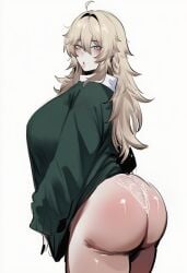 ai_generated ass big_ass big_breasts blonde_female blonde_hair blue_eyes breasts green_shirt japanese_clothes ksyra ksyraarts long_hair solo solo_female solo_focus stockings white_legwear white_stockings white_underwear