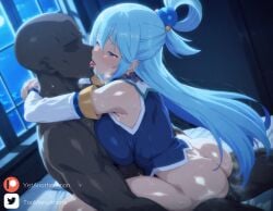 1boy 1girl ai_generated aqua_(konosuba) ass bald bare_shoulders bedroom blue_eyes blue_hair bottomless dark dark-skinned_male detached_sleeves faceless_male female french_kiss hair_between_eyes hair_ornament hair_rings kissing kono_subarashii_sekai_ni_shukufuku_wo! large_breasts long_hair moonlight muscular_male night on_bed patreon patreon_username sex steam sweat upright_straddle very_dark_skin very_long_hair