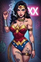 1girls ai_generated black_hair cigarette collar corruption dc dc_comics gold_collar prostitute prostitution smoking tattoo whore wonder_woman wonder_woman_(series)