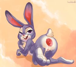 absurd_res anthro anus arched_back ass big_ears buckteeth disney eyebrows female fluffy fluffy_tail gaping gaping_anus genitals hi_res hocolatemilk judy_hopps lagomorph leporid looking_at_viewer looking_back looking_back_at_viewer mammal pinup pose rabbit raised_eyebrow seductive skinny smile smirk solo spread_legs spreading tail teeth vulva zootopia