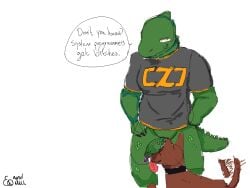 4:3 ambiguous_gender anthro anthro_on_feral bottomless canid canine canis clothed clothing dialogue domestic_dog duo erection feral genitals iguana iguanid lizard logo_on_clothing male mammal overweight overweight_male penis penis_on_face qwaxi~lixard reptile scalie shirt shirt_only simple_background t-shirt tail tail_motion tailwag tongue tongue_out topwear topwear_only white_background zero_the_ziguana zig_(programming_language) zoophilia