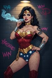 1girls ai_generated black_hair cigarette collar corruption dc dc_comics female female_only gold_collar prostitute prostitution smoking tattoo whore wonder_woman wonder_woman_(series)
