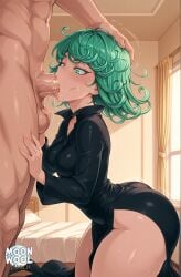 ai_assisted ai_generated bare_thighs bent_over blowjob breasts curvy curvy_body curvy_female deepthroat fellatio from_side green_eyes green_hair head_grab leaning_forward medium_breasts moonwool_branch one-punch_man oral oral_sex pelvic_curtain petite petite_female short_hair small_breasts sucking sucking_penis tatsumaki thick_ass thick_thighs thighs uncensored