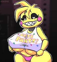 animated animatronic anthro avian beakless big_breasts bird bouncing_breasts bouncymae breasts clothed clothing clothing_lift female five_nights_at_freddy's five_nights_at_freddy's_2 grin heart_eyes heart_symbol huge_breasts looking_at_viewer machine nipples non-mammal_nipples panties robot scottgames sharp_teeth shirt shirt_lift smile solo teeth topwear toy_chica_(fnaf) underwear