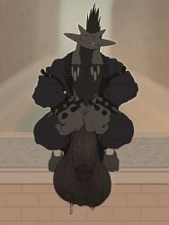 anthro balls big_muscles black_body black_hair bodily_fluids brown_balls brown_penis closed_eyes clothed clothing crouching dragon front_view genitals grey_body grey_horn gryblak hair hi_res horn humanoid_genitalia humanoid_penis licking licking_lips licking_own_lips male mohawk mouth_closed muscular muscular_anthro muscular_male mythological_creature mythological_scalie mythology open_clothing open_topwear penis scalie solo sweat sweaty_balls sweaty_genitalia tongue tongue_out topwear vein veiny_penis