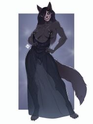 5_fingers absurd_res anthro areola big_breasts black_body black_fur black_hair black_nipples bone breasts canid canine canis claws clothing dress feet female fingers fluffy fluffy_ears fluffy_tail fur genitals glowing glowing_eyes hair hi_res long_hair looking_at_viewer mal0 mal0_(species) mammal moirah nipple_piercing nipple_ring_dress nipples piercing scp-1471 scp-1471-a skull skull_head skulldog_(species) solo tail toes vulva