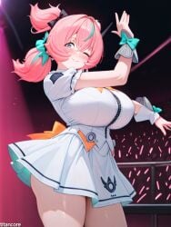 (titancore) 1girls aged_up ai_generated android_girl angels_of_delusion aria_(zenless_zone_zero) aria_(zenless_zone_zero)_(human_form) big_breasts clothed clothing curvy_figure cute_girl high_twintails huge_breasts idol idol_pose large_breasts low_twintails pink_hair revealing_clothes ribbon_in_hair robot_girl thick_thighs twintails video_game_character zenless_zone_zero