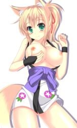 animal_ears blonde_hair blush bow breast_lift breasts breasts_out dog_days female fox_ears fox_tail green_eyes hair_ornament hair_ribbon highres japanese_clothes kimono large_breasts long_hair looking_at_viewer nipples obi off_shoulder open_mouth original ponytail ribbon sash smile sogaya solo tail tareme tied_hair very_long_hair yukikaze_panettone