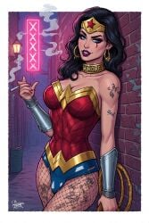 1girls ai_generated black_hair cigarette collar corruption dc dc_comics gold_collar prostitute prostitution smoking tattoo whore wonder_woman wonder_woman_(series)