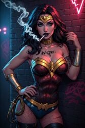1girls ai_generated black_hair cigarette collar corruption dc dc_comics gold_collar prostitute prostitution smoking tagme tattoo whore wonder_woman wonder_woman_(series)