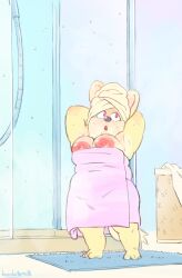 absurd_res anthro armpit_fetish ass big_breasts big_butt big_nipples bodily_fluids breasts bulge candid clothing female fog glass hi_res hocolatemilk laundry_basket lips nipple_slip nipples nipples_visible_through_clothing nude oblivious raised_arms shortstack slightly_chubby solo sweat thick_lips thick_nipples tight_clothing towel towel_on_head trish_(hocolatemilk) wearing_towel wet wide_hips