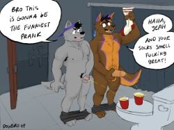 anthro armpit_hair bathroom bodily_fluids body_hair bottomwear bottomwear_down canid canine clothed clothing dogbro69 door duo english_text erection footwear genital_fluids genitals hat headgear headwear hi_res holding_penis male male/male mammal nipples open_door pants pants_down partially_clothed peeing peeing_into_container peeing_together peeing_while_erect penis penis_size_difference prank red_solo_cup shower_curtain small_penis smelling_socks socks tail text toilet topless urine watersports