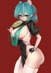 absurdres black_dress blue_hair bracelet breasts china_dress chinese_clothes dress glasses hair_ornament hand_fan highres indie_virtual_youtuber jade_bracelet jewelry kuromikii_(vtuber) red_ribbon ribbon simple_background thighhighs thighs virtual_youtuber ye_(pixiv83975537)